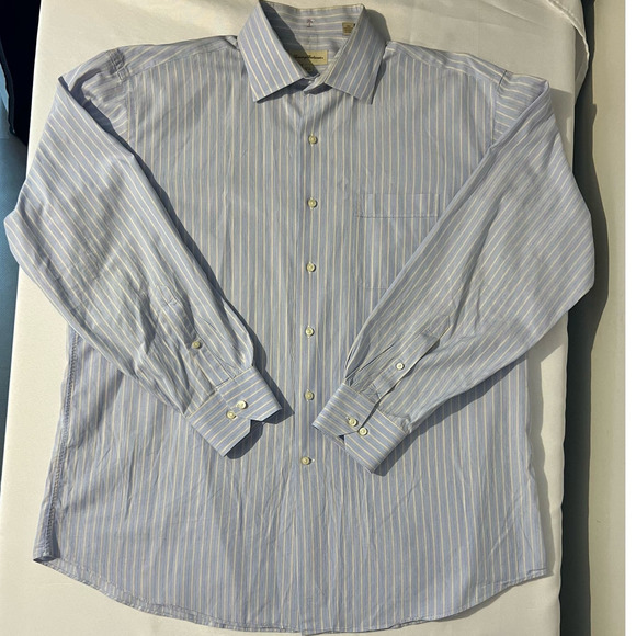 Men's TOMMY BAHAMA Blue Tan Stripe Long Sleeve Button Down Shirt 34-35 17 1/2 - Picture 3 of 11